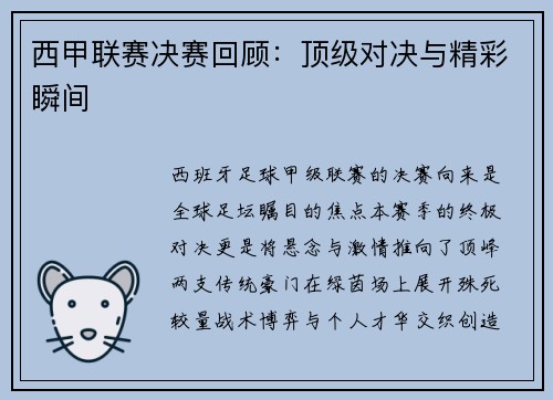 西甲联赛决赛回顾：顶级对决与精彩瞬间